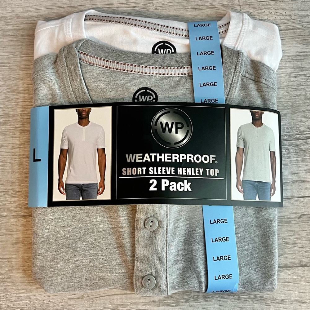 WP Weatherproof Men's 2 Pack Short Sleeve Henley Size Large White/Gray